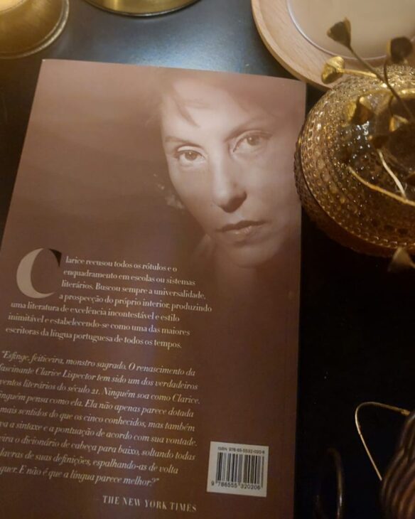 verso do livro um sopro de vida, com a imagem do rosto da clarice lispector e uma avaliação do NYT